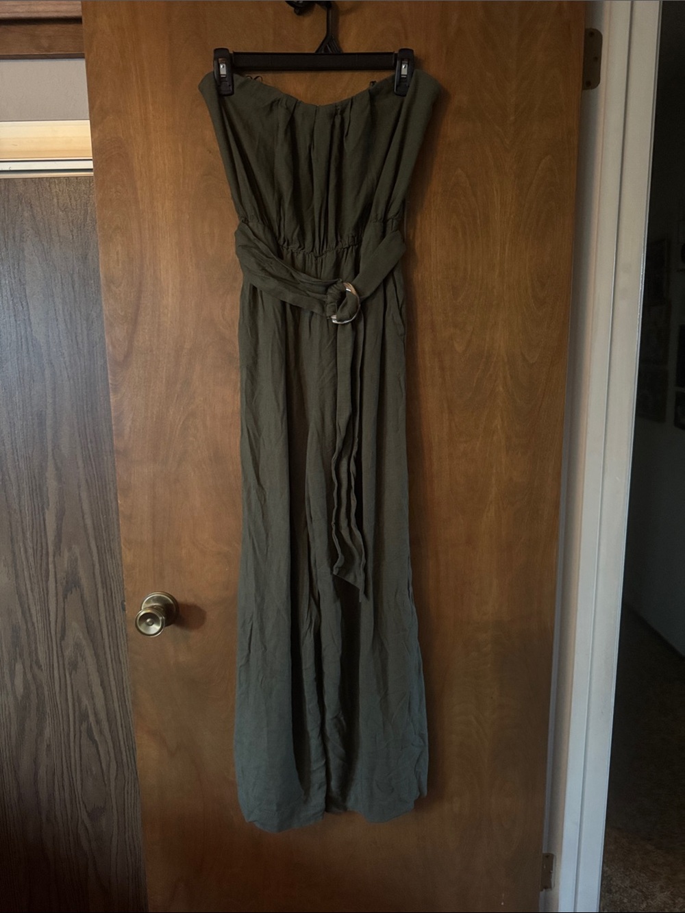 Kittenish Olive Strapless Belted jumpsuit